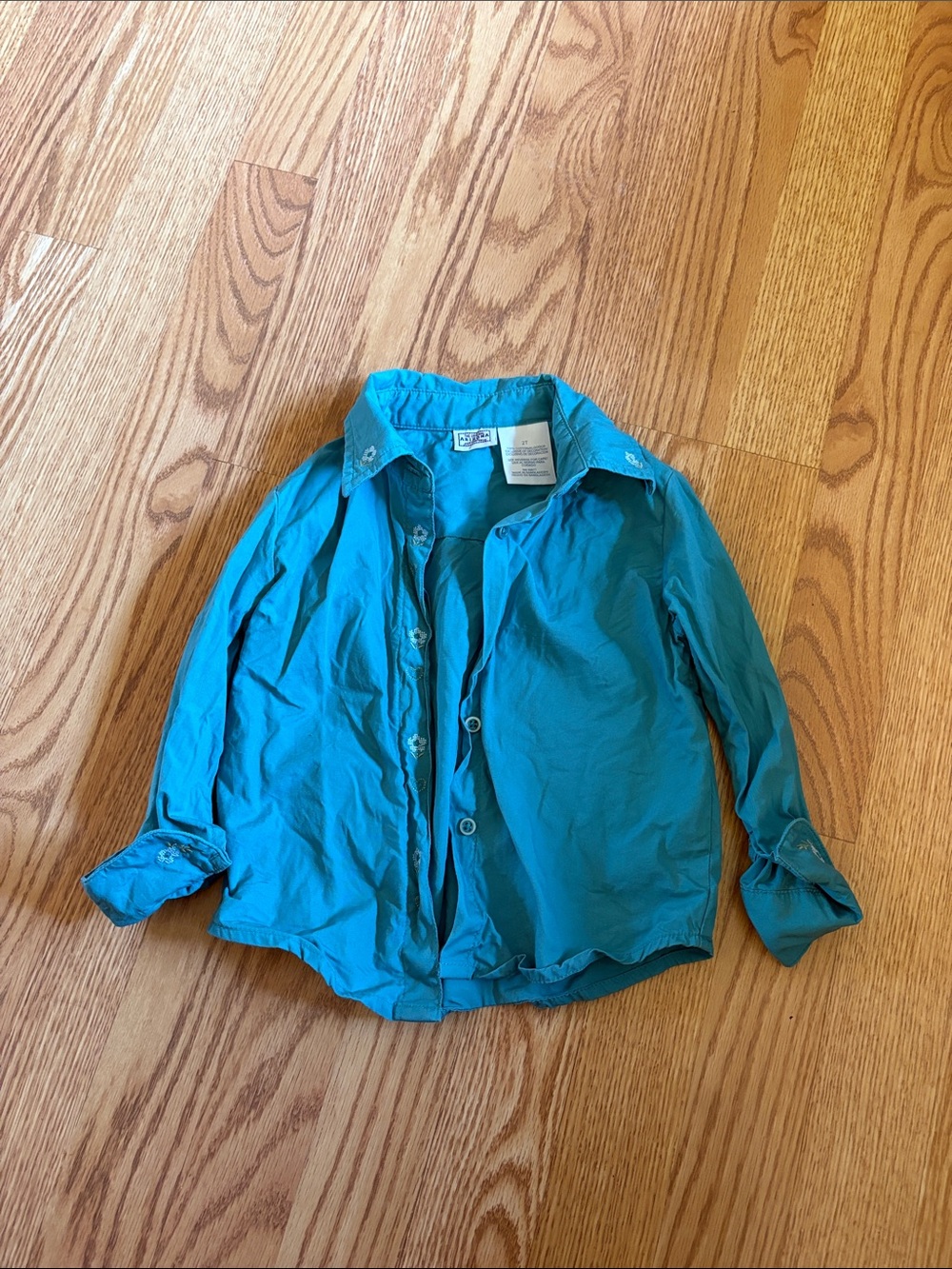 Vintage Toddler Teal Embroidered Button-Up Shirt
